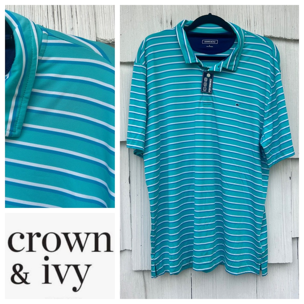 Crown and Ivy‎ Mens Turquoise Stripe Performance Polo Shirt Size L Golf Casual